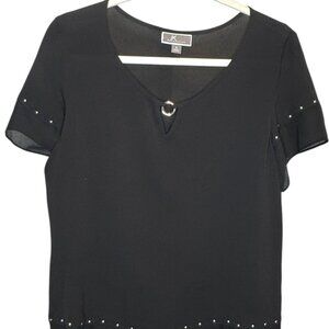 JM Collection Black Short Sleeve Sheer Flowy Blouse w/Silver Studs, Size Small